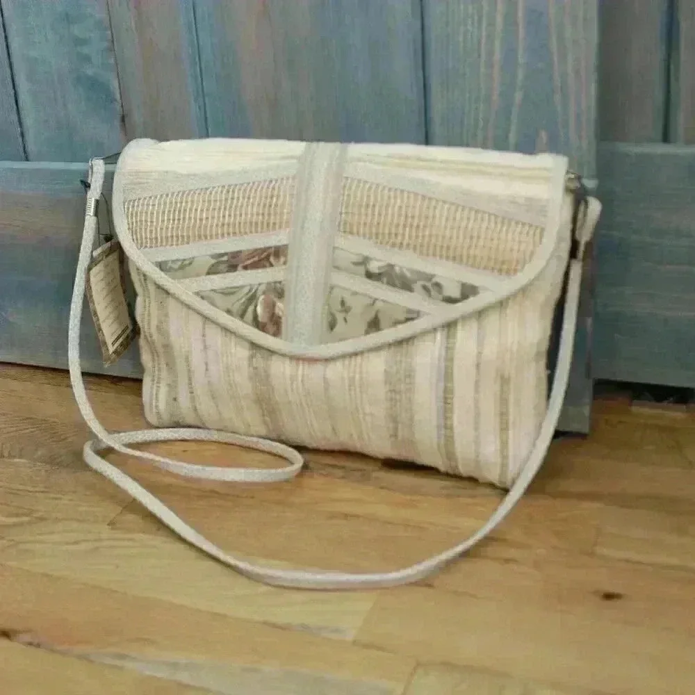 Set of 2 1980s Vintage Bohemian Purses Clutch Patchwork Fringe Fibers Crossbody